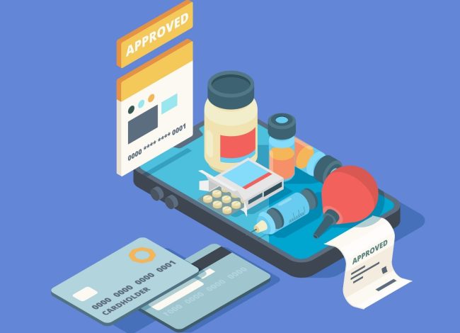 Illustration about buying health products online.