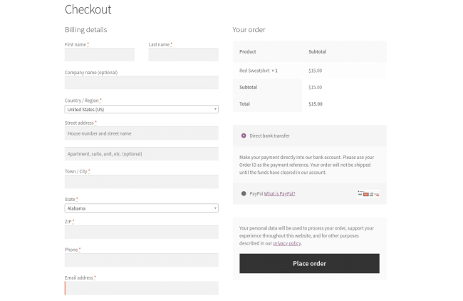 Default WooCommerce Checkout page