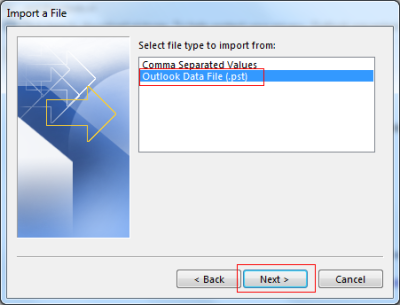 select the Outlook file (.pst)